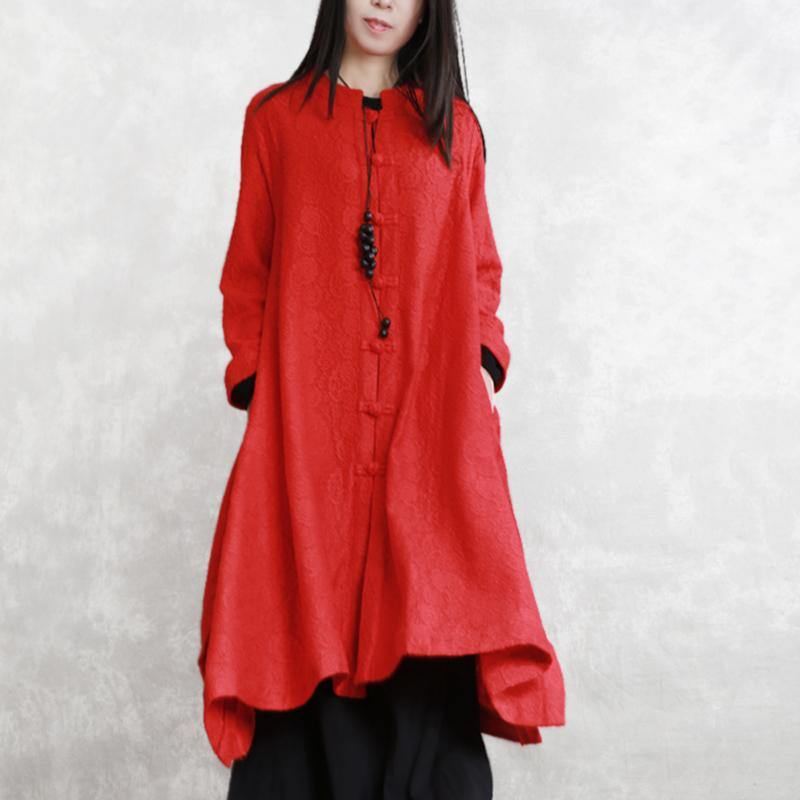 Manteaux Rouges Oversize Stand Jacquard Maxi Manteau Mode Manches Longues Poches Long - Manteaux d'hiver femmes