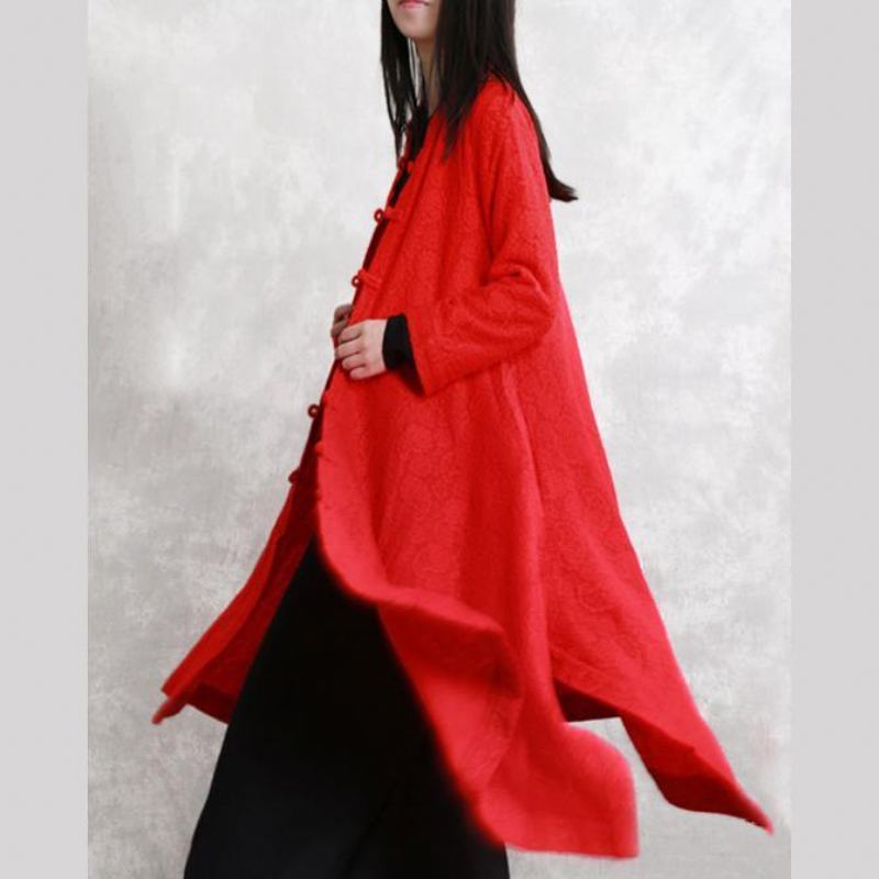 Manteaux Rouges Oversize Stand Jacquard Maxi Manteau Mode Manches Longues Poches Long - Manteaux d'hiver femmes