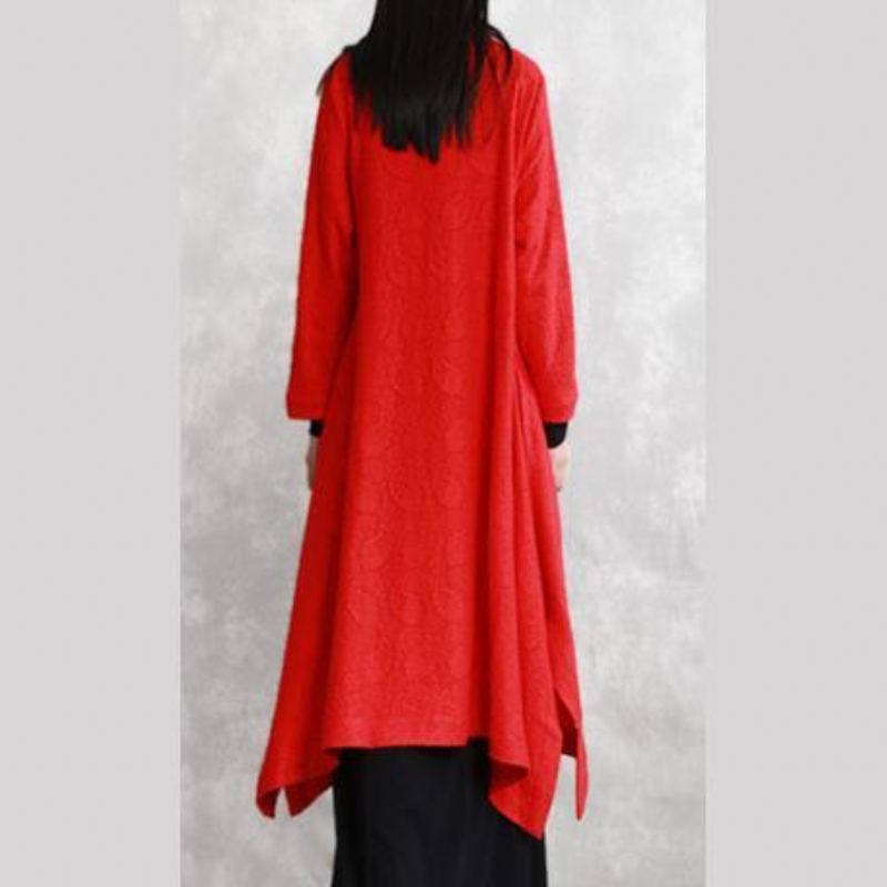 Manteaux Rouges Oversize Stand Jacquard Maxi Manteau Mode Manches Longues Poches Long - Manteaux d'hiver femmes