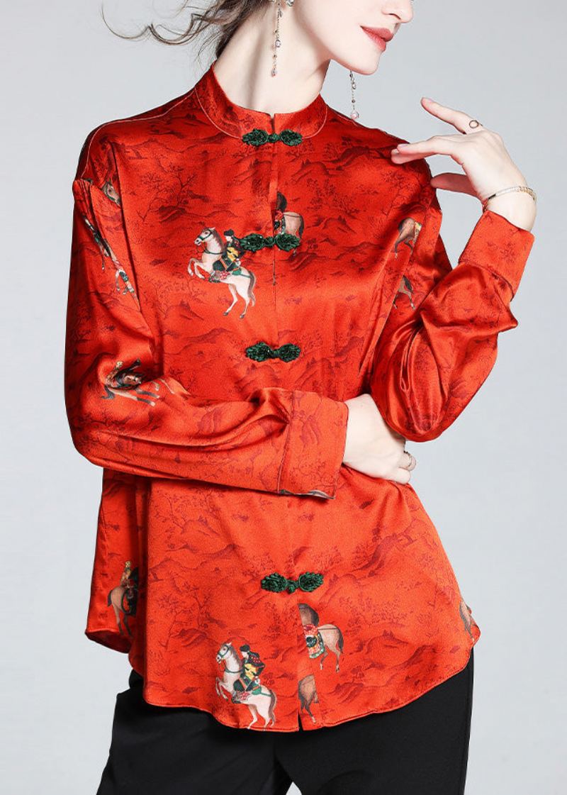 Manteaux En Soie À Boutons Imprimés Col Montant Rouge De Style Chinois Printemps - Manteaux d'hiver femmes