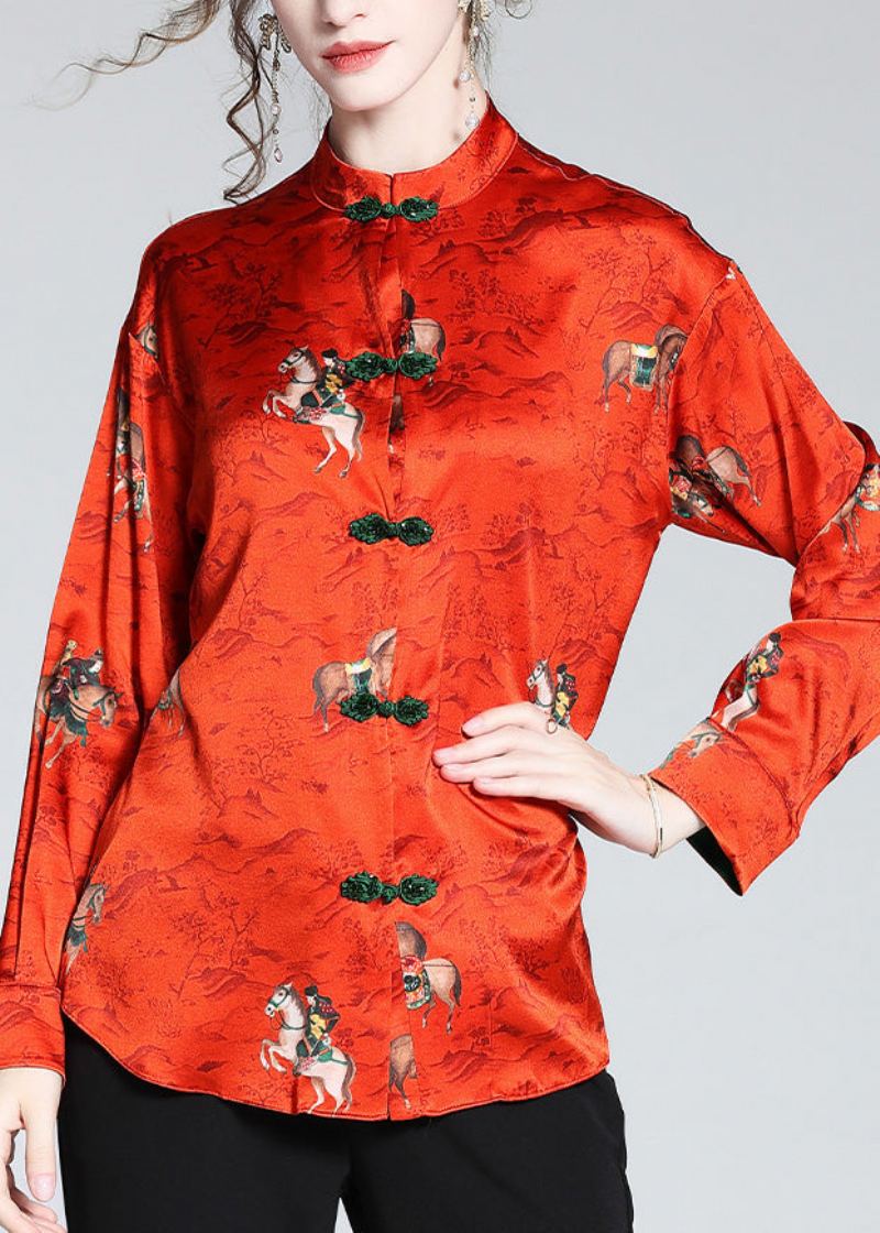 Manteaux En Soie À Boutons Imprimés Col Montant Rouge De Style Chinois Printemps - Manteaux d'hiver femmes