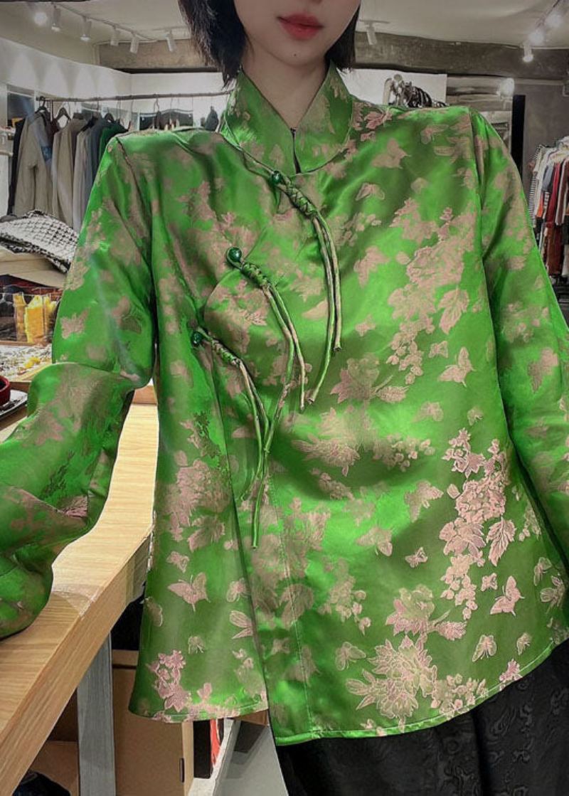 Manteaux En Soie Jacquard À Col Montant Avec Boutons Verts De Style Chinois Printemps - Manteaux d'hiver femmes