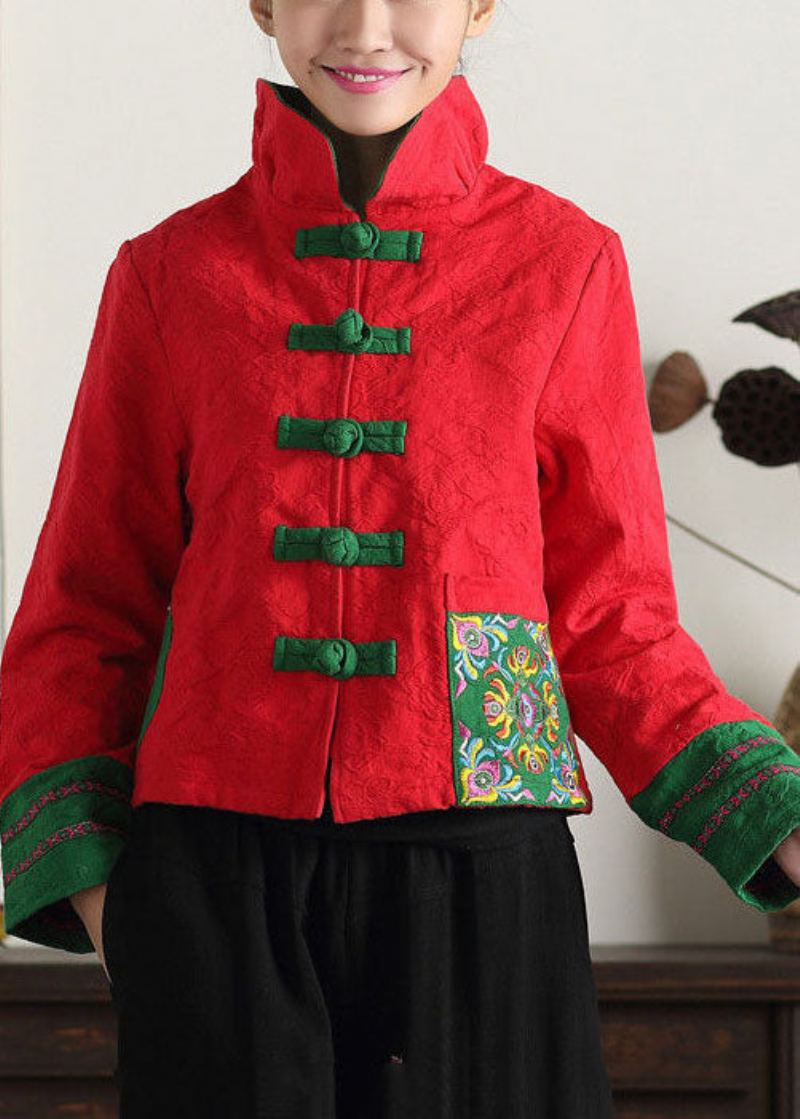 Manteaux De Style Chinois En Coton Col Montant Vert Unique Brodé En Patchwork Printemps - Manteaux d'hiver femmes