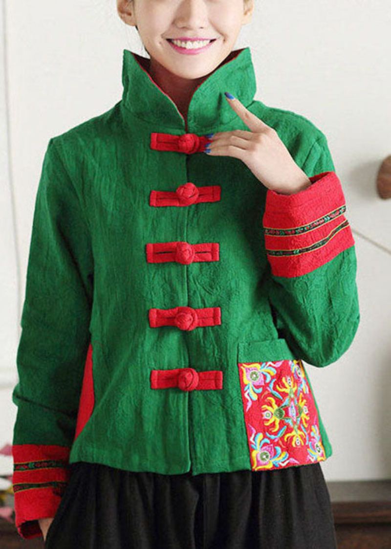 Manteaux De Style Chinois En Coton Col Montant Vert Unique Brodé En Patchwork Printemps - Manteaux d'hiver femmes