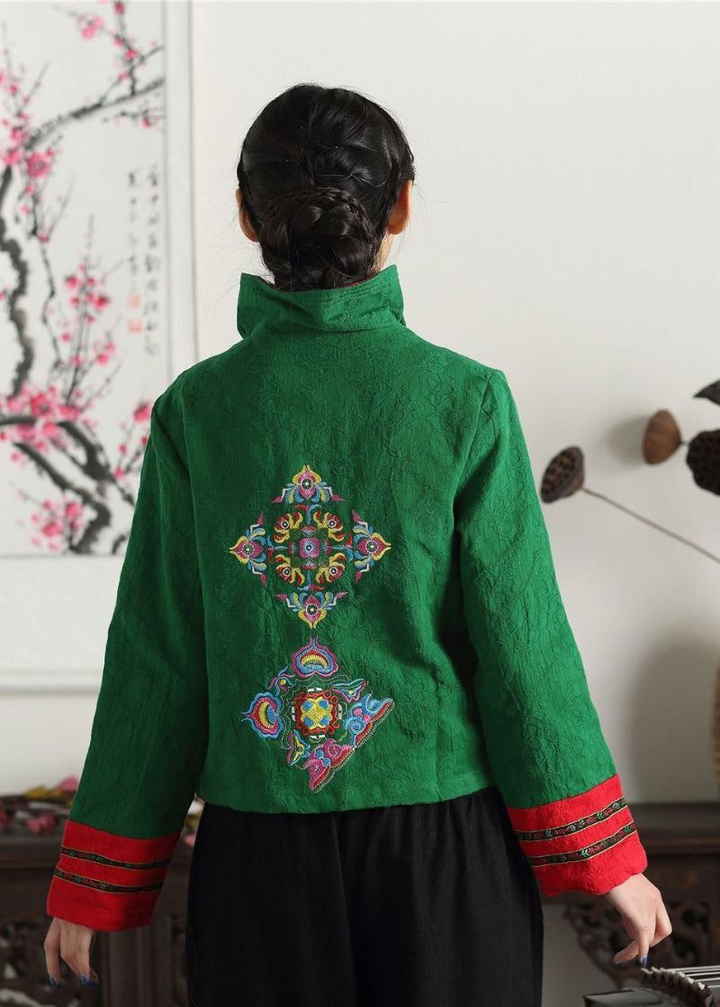 Manteaux De Style Chinois En Coton Col Montant Vert Unique Brodé En Patchwork Printemps - Manteaux d'hiver femmes