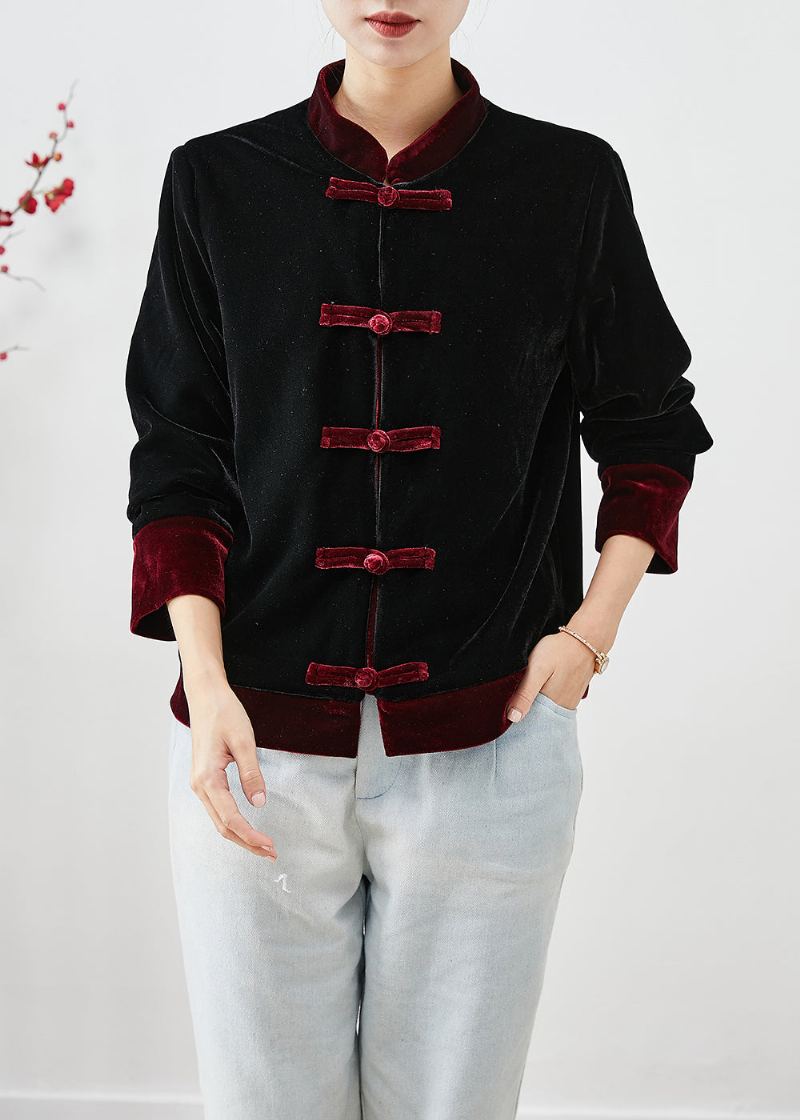 Manteaux De Style Chinois En Velours De Soie Patchwork Rouge Col Mandarin Automne - Manteaux d'hiver femmes