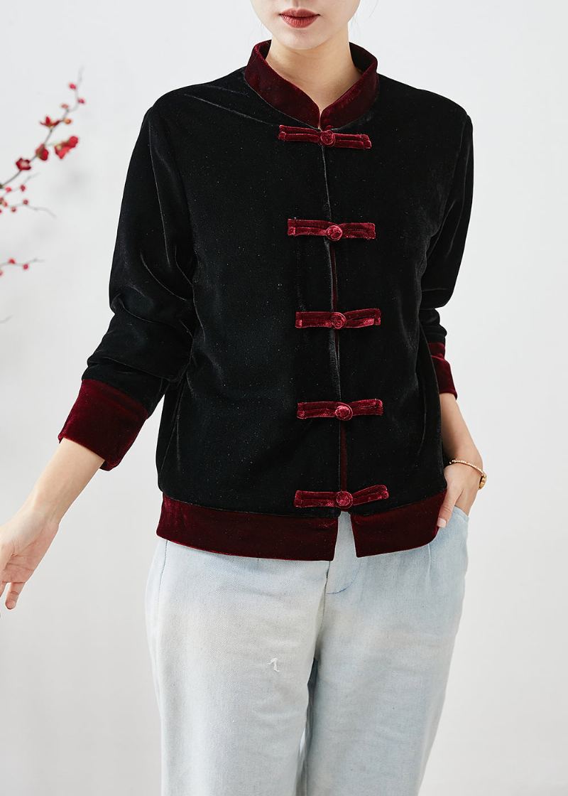 Manteaux De Style Chinois En Velours De Soie Patchwork Rouge Col Mandarin Automne - Manteaux d'hiver femmes