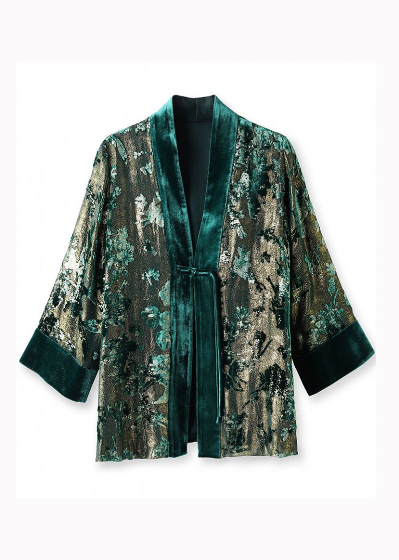 Manteaux En Velours De Soie Ample Vert Col En V Jacquard Patchwork Automne - Manteaux d'hiver femmes