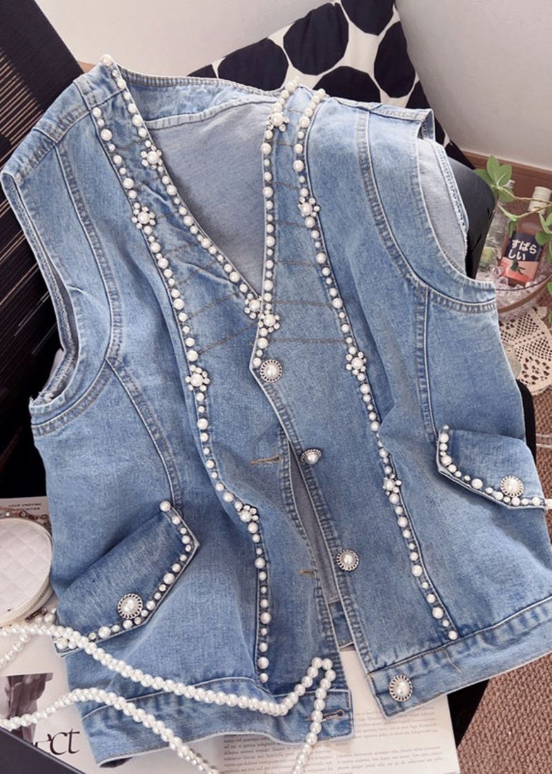 Mignon Bleu Col En V Patchwork Clou Perle Denim Gilet Automne