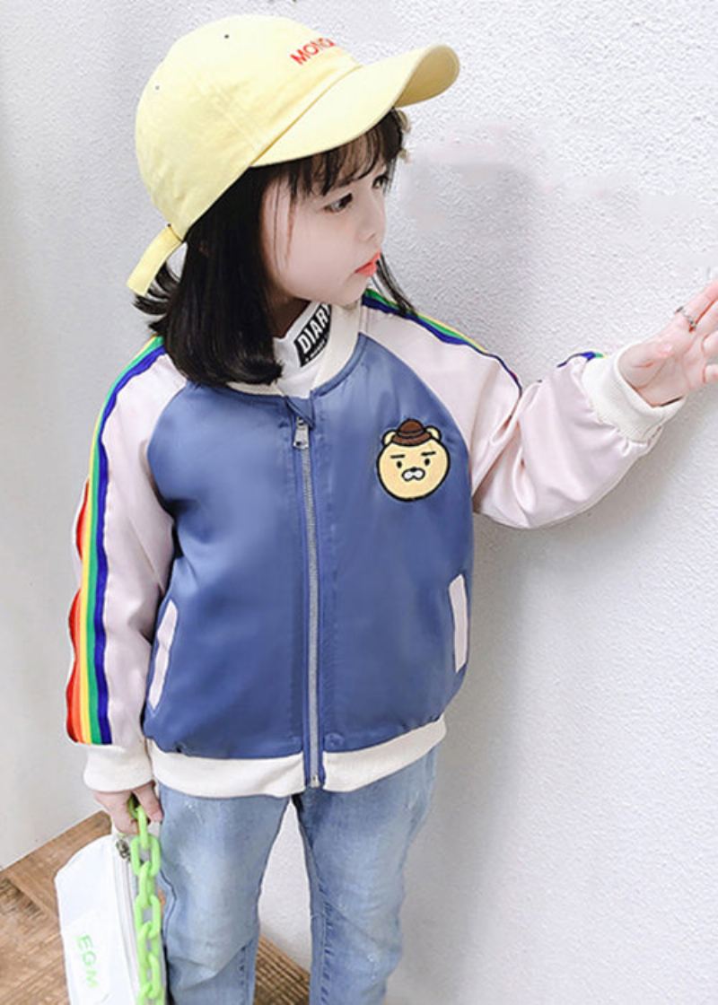 Mignon Bleu Fermeture Éclair Poches Patchwork Coton Enfants Filles Manteau Vêtements D'extérieur Automne - Manteaux d'hiver femmes