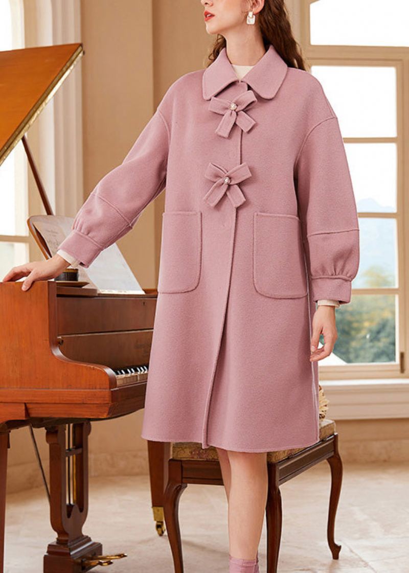 Mignon Rose Col Carré Noeud Bouton Laine Maxi Manteau Printemps - Manteaux d'hiver femmes