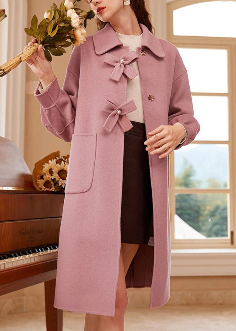 Mignon Rose Col Carré Noeud Bouton Laine Maxi Manteau Printemps - Manteaux d'hiver femmes