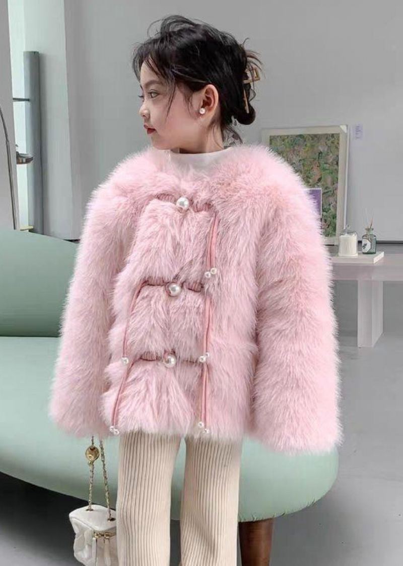 Mignon Rose Col Rond Solide Vison Cheveux Filles Manteau À Manches Longues - Manteaux d'hiver femmes