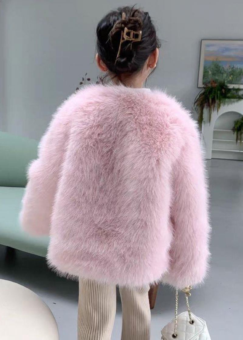 Mignon Rose Col Rond Solide Vison Cheveux Filles Manteau À Manches Longues - Manteaux d'hiver femmes