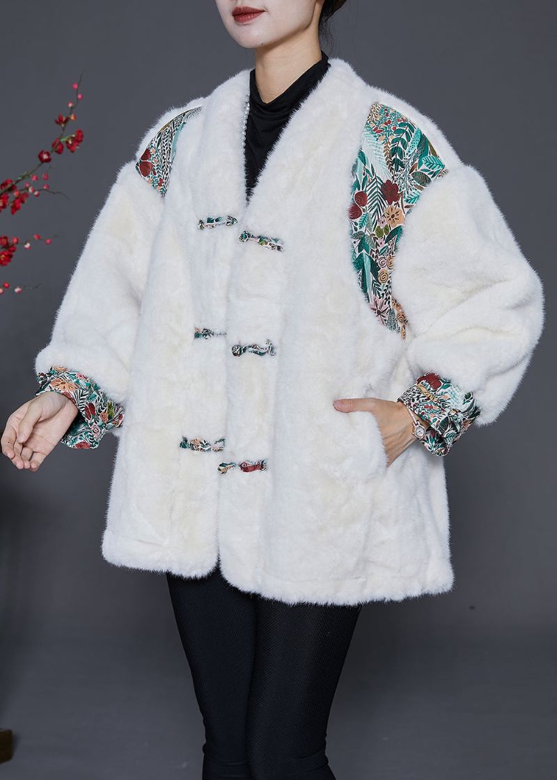 Mode Blanc Surdimensionné Patchwork Bouton Chinois Veste En Fausse Fourrure Hiver - Manteaux d'hiver femmes