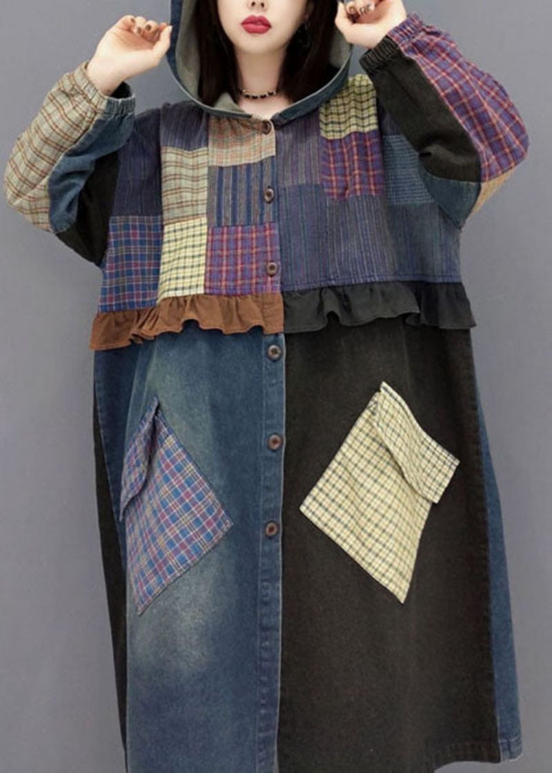 Mode Bleu Bouton À Capuche Poches Patchwork Denim Manteaux Printemps - Manteaux d'hiver femmes