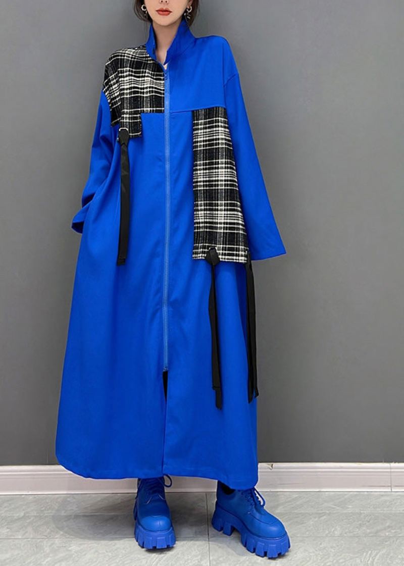 Mode Bleu Col Claudine Fermeture Éclair Patchwork Gland Maxi Manteau Printemps