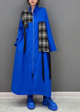 Mode Bleu Col Claudine Fermeture Éclair Patchwork Gland Maxi Manteau Printemps