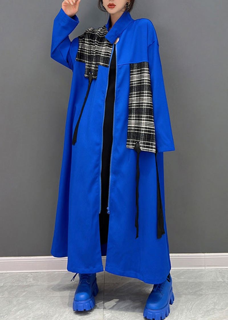 Mode Bleu Col Claudine Fermeture Éclair Patchwork Gland Maxi Manteau Printemps - Manteaux d'hiver femmes