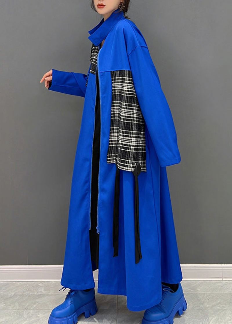 Mode Bleu Col Claudine Fermeture Éclair Patchwork Gland Maxi Manteau Printemps - Manteaux d'hiver femmes