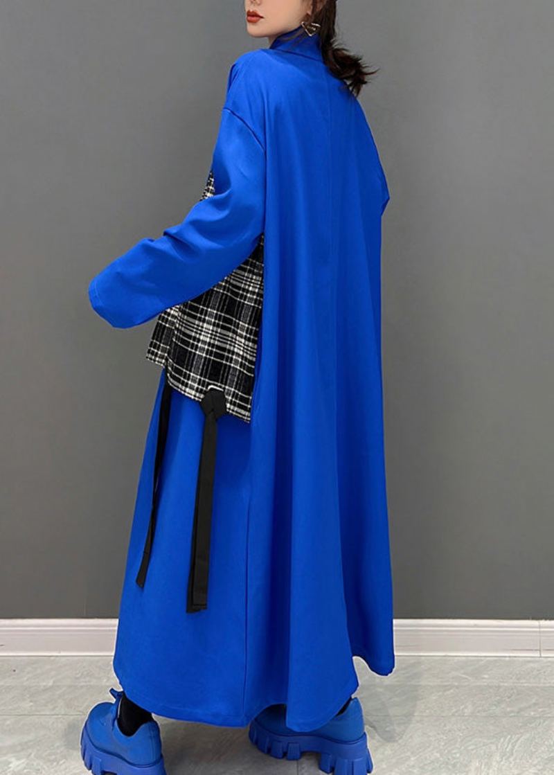 Mode Bleu Col Claudine Fermeture Éclair Patchwork Gland Maxi Manteau Printemps - Manteaux d'hiver femmes