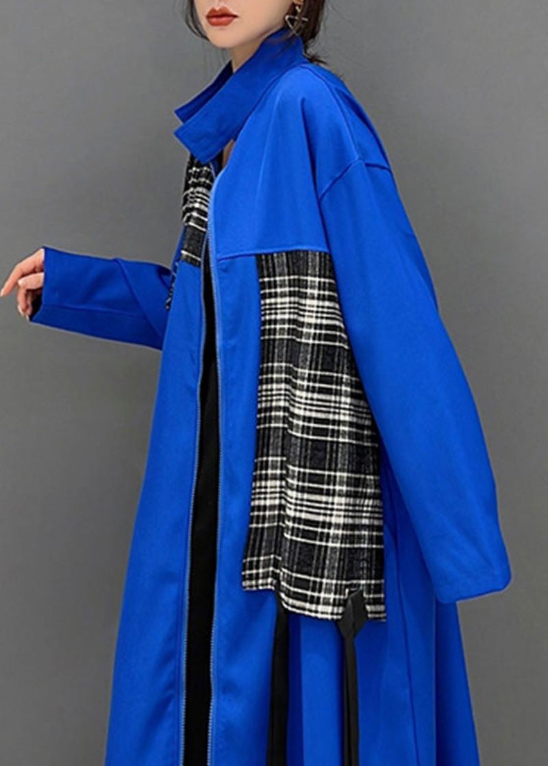 Mode Bleu Col Claudine Fermeture Éclair Patchwork Gland Maxi Manteau Printemps - Manteaux d'hiver femmes