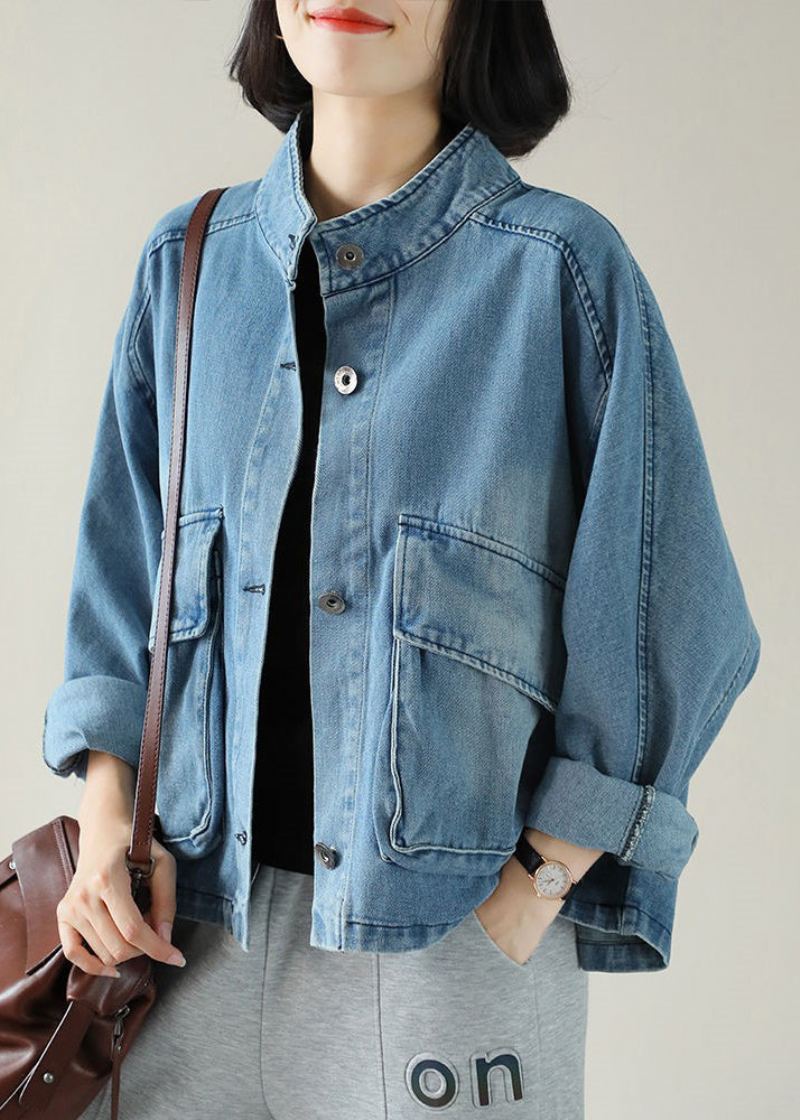 Mode Bleu Col Montant Bouton Grandes Poches Denim Manteau À Manches Longues