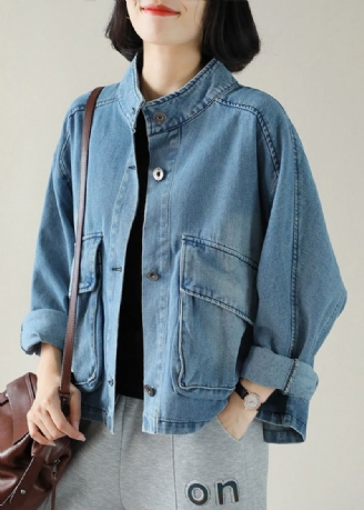 Mode Bleu Col Montant Bouton Grandes Poches Denim Manteau À Manches Longues