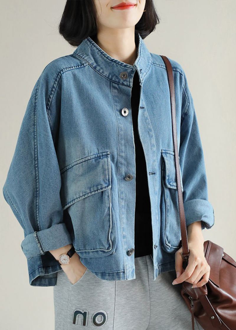 Mode Bleu Col Montant Bouton Grandes Poches Denim Manteau À Manches Longues - Manteaux d'hiver femmes