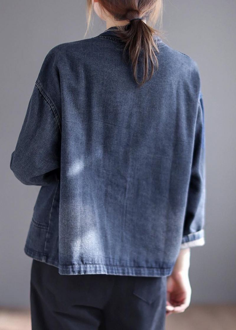 Mode Bleu Col En V Brodé Patchwork Bouton Poches Coton Denim Manteau À Manches Longues - Manteaux d'hiver femmes