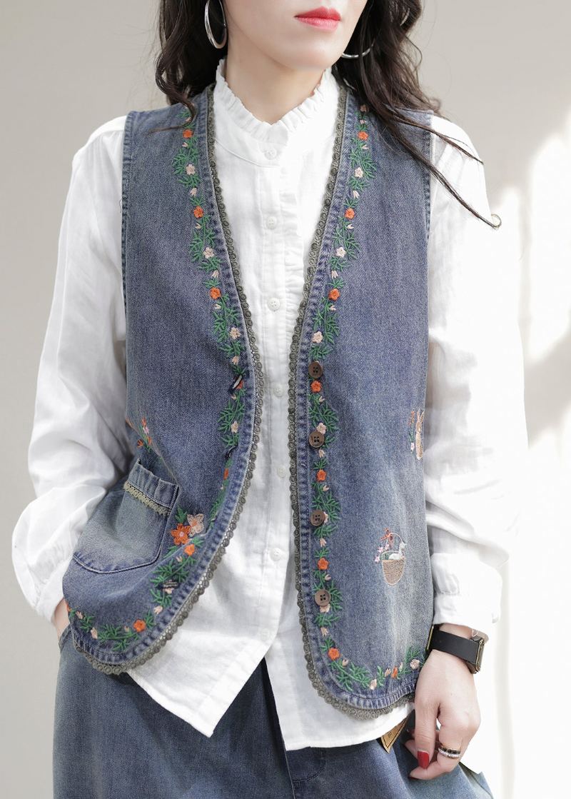 Mode Bleu Col En V Brodé Patchwork Denim Gilet Sans Manches