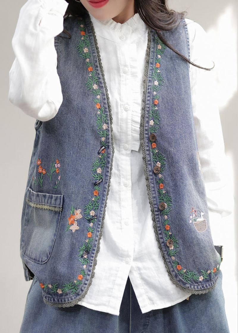 Mode Bleu Col En V Brodé Patchwork Denim Gilet Sans Manches - Manteaux d'hiver femmes