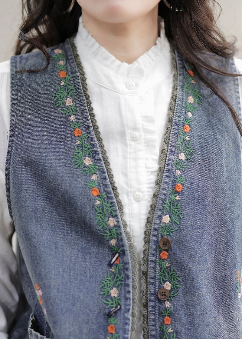 Mode Bleu Col En V Brodé Patchwork Denim Gilet Sans Manches - Manteaux d'hiver femmes