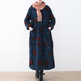 Mode Bleu Long Manteau Grande Taille Cardigans Élégant Jacquard Floral