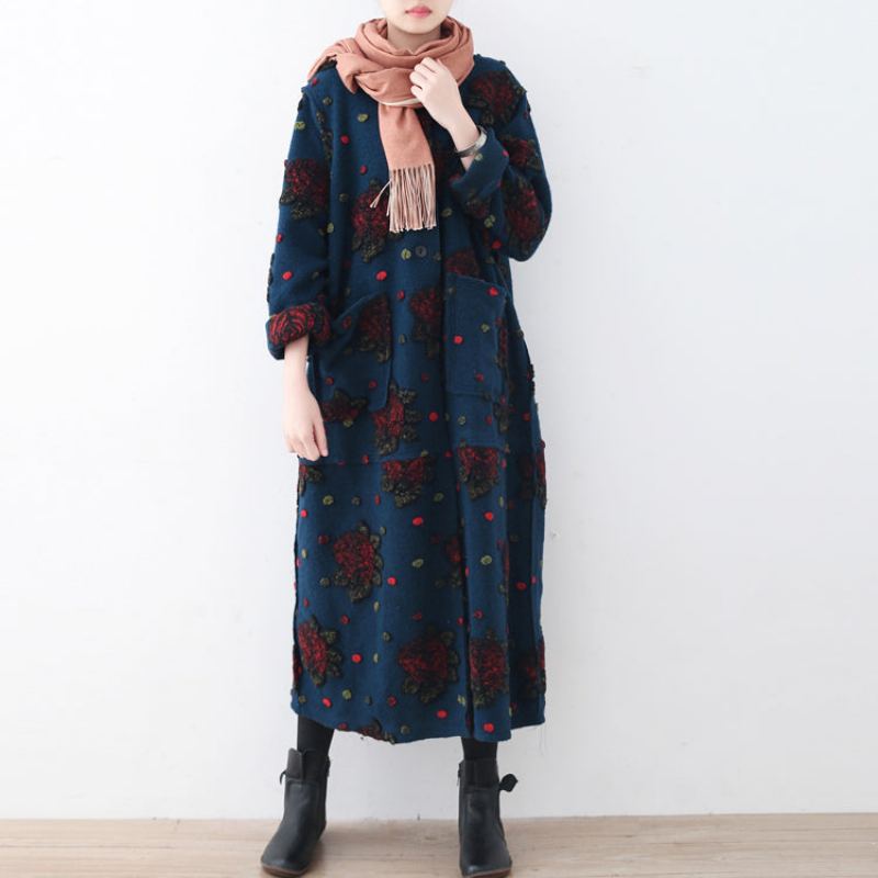 Mode Bleu Long Manteau Grande Taille Cardigans Élégant Jacquard Floral - Manteaux d'hiver femmes