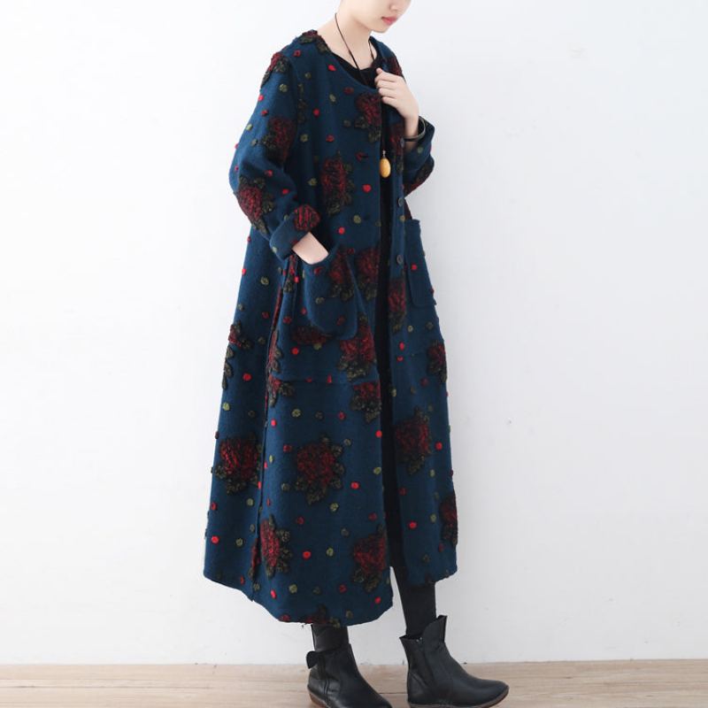 Mode Bleu Long Manteau Grande Taille Cardigans Élégant Jacquard Floral - Manteaux d'hiver femmes