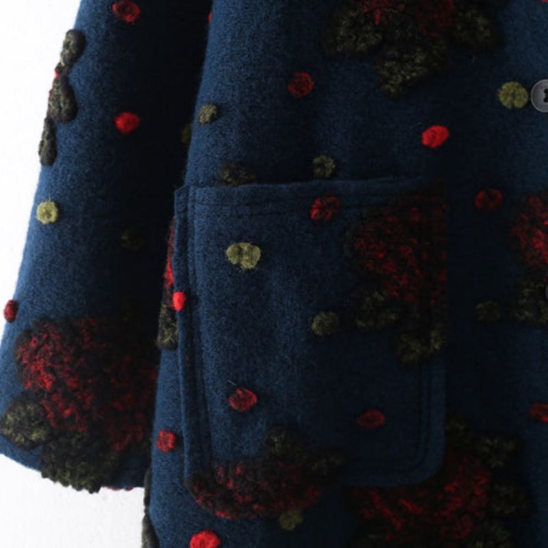 Mode Bleu Long Manteau Grande Taille Cardigans Élégant Jacquard Floral - Manteaux d'hiver femmes