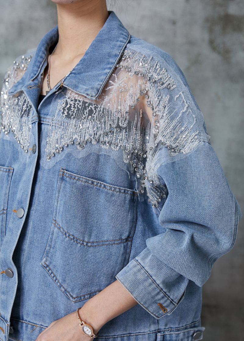 Mode Bleu Poches Creuses Denim Manteaux Printemps - Manteaux d'hiver femmes