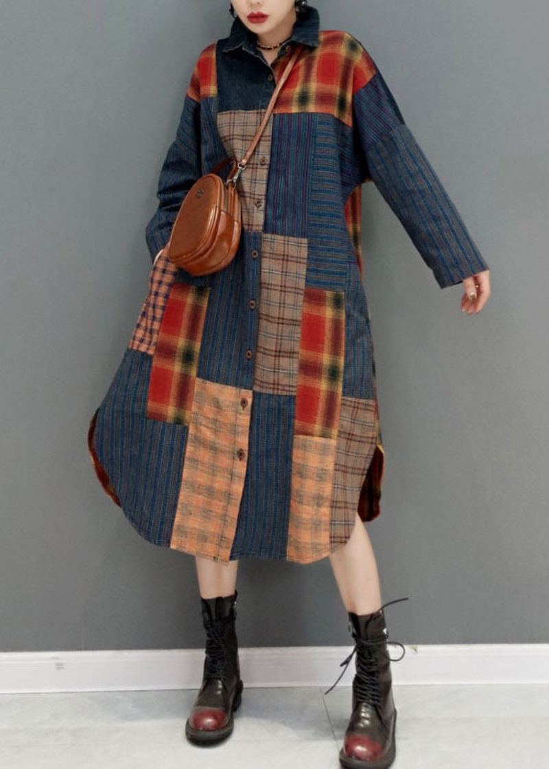 Mode Colorblock Bouton Côté Ouvert Col Claudine Patchwork Plaid Manteaux Printemps - Manteaux d'hiver femmes