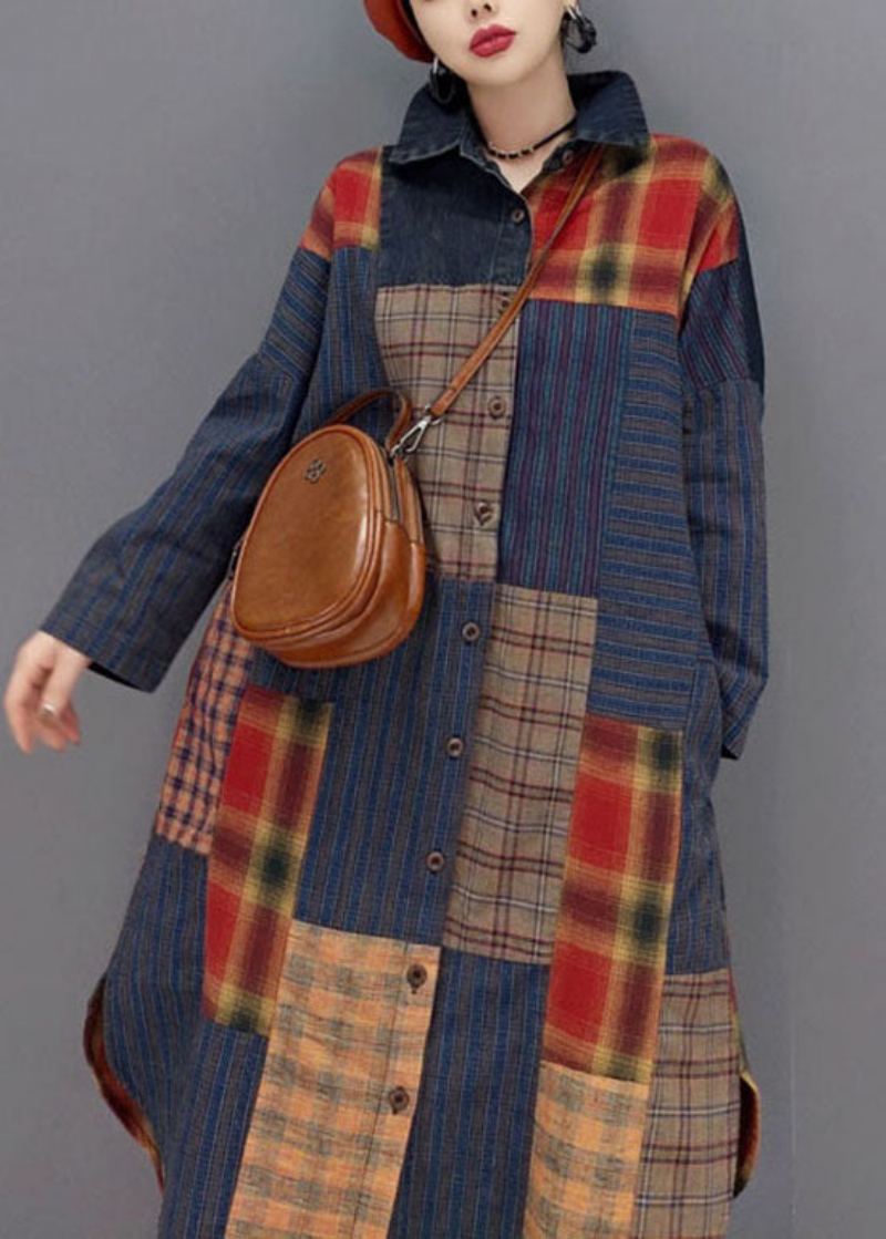 Mode Colorblock Bouton Côté Ouvert Col Claudine Patchwork Plaid Manteaux Printemps - Manteaux d'hiver femmes