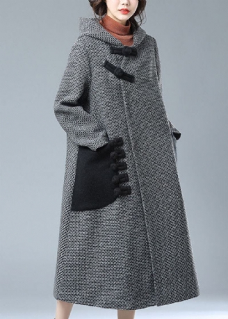 Mode Gris À Capuche Poches Patchwork Laine Trench Manteaux Hiver