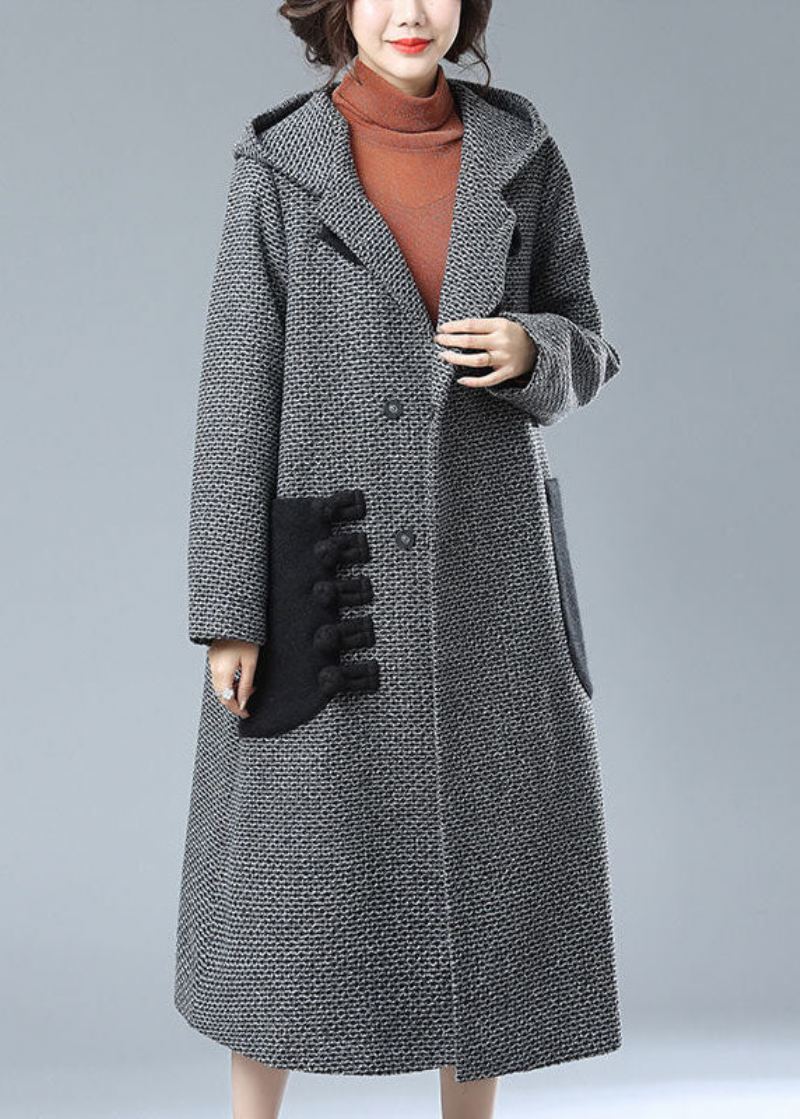 Mode Gris À Capuche Poches Patchwork Laine Trench Manteaux Hiver - Gris