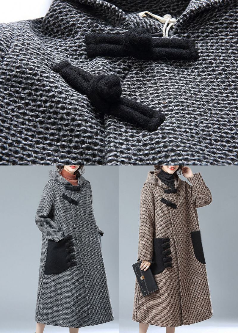 Mode Gris À Capuche Poches Patchwork Laine Trench Manteaux Hiver - Gris