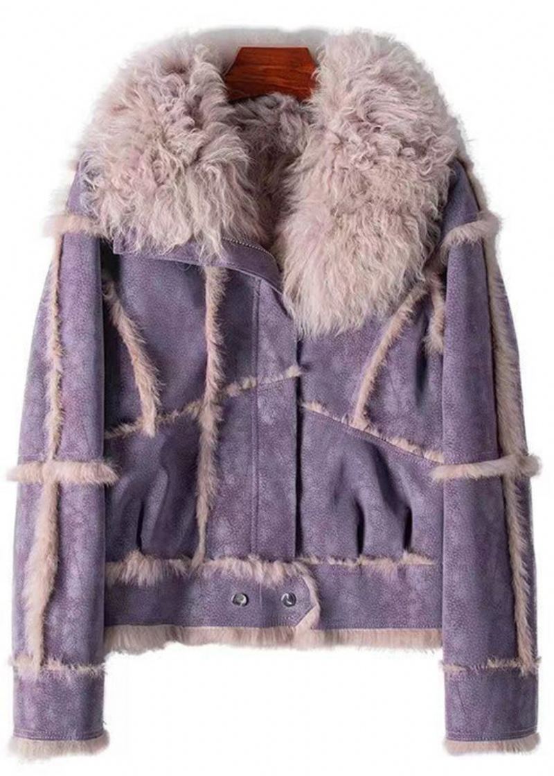 Mode Gris Foncé Fermeture Éclair Patchwork Cuir Et Manteau De Fourrure Hiver - Manteaux d'hiver femmes