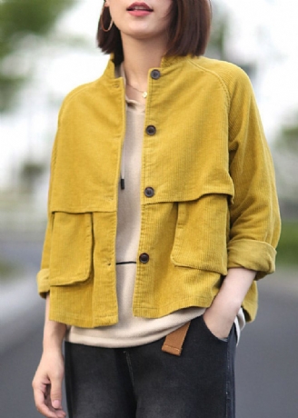 Mode Jaune Col Montant Patchwork Bouton Velours Côtelé Manteaux Printemps