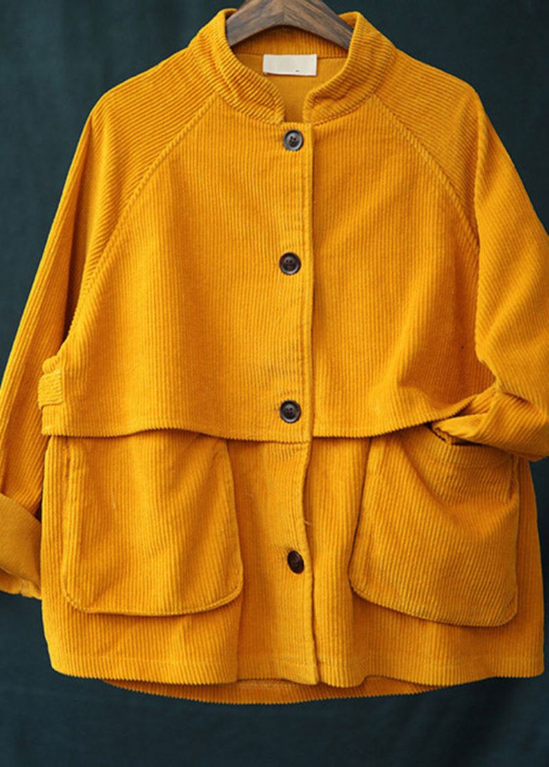 Mode Jaune Col Montant Patchwork Bouton Velours Côtelé Manteaux Printemps - Jaune