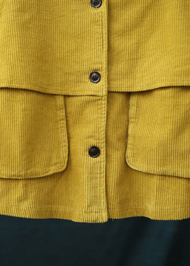 Mode Jaune Col Montant Patchwork Bouton Velours Côtelé Manteaux Printemps - Jaune