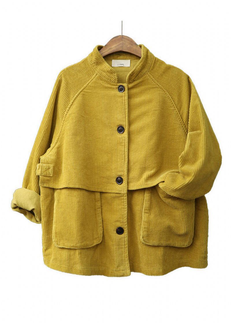 Mode Jaune Col Montant Patchwork Bouton Velours Côtelé Manteaux Printemps - Jaune