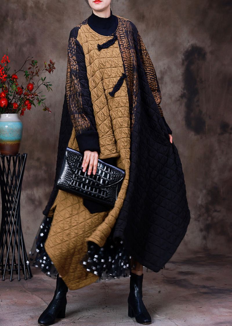 Mode Jaune Patchwork Noir Asymétrique Col Rond Épais Maxi Manteau À Manches Longues - Manteaux d'hiver femmes