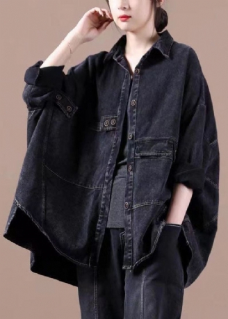 Mode Noir Bouton Ample Patchwork Conception Asymétrique Automne Denim À Manches Longues Blouse Hauts